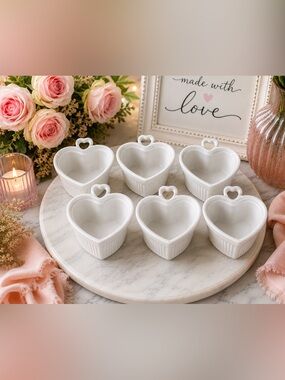 Set of 6 White Heart Ramekins Ceramic Baking Dishes Valentine Cottagecore Coquet